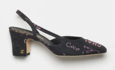 Pre-owned Chanel 22p Mademoiselle Coco Sling Black Grey Denim Slingback Sandal Heel 39.5 In Gray