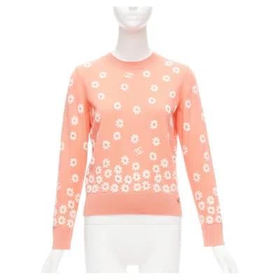 Pre-owned Chanel 22p Peach Cashmere Blend Floral Cc Knitted Pullover Sweater Fr34 In Orange