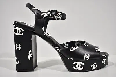 Pre-owned Chanel 22s Black White Lambskin Cc Logo Platform Strap Block Heel Sandal 36