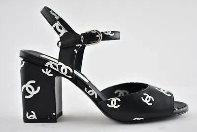 Pre-owned Chanel 22s Black White Print Lambskin Cc Logo Ankle Strap Block Heel Sandal 36.5