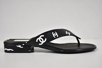 Pre-owned Chanel 22s Black White Printed Lambskin Cc Logo Thong Flat Flip Flop Sandal 38