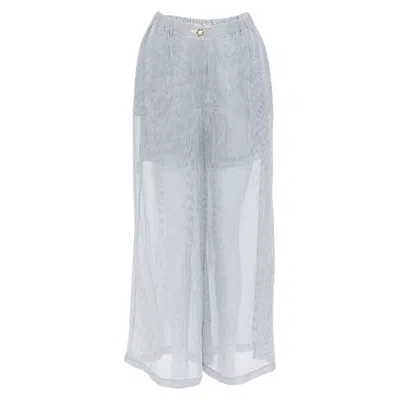 Pre-owned Chanel 22s Silk Striped Cc Button Sheer Wide Pants In Grey