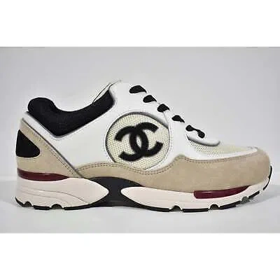 Pre-owned Chanel 22s White Ivory Beige Black Cc Logo Tie Flat Runner Trainer Sneaker 39.5