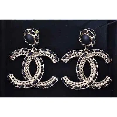 Pre-owned Chanel 22s Xl Black Leather Gold Cc Logo Chain Dangle Drop Statement Earrings