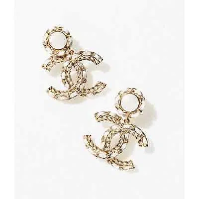 Pre-owned Chanel 22s Xl White Leather Gold Cc Logo Chain Dangle Drop Statement Earrings