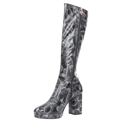 Pre-owned Chanel 23a Runway White Black Cc Camellia Dotted Logo Print Tall Boots Eu39