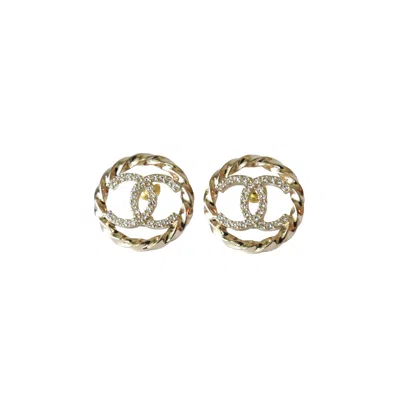 Pre-owned Chanel 23b Cc Crystal Strass Twist Round Earrings Gold