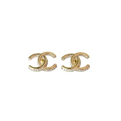 Pre-owned Chanel 23b Cc Studs Earrings Side Crystal Strass Light Gold