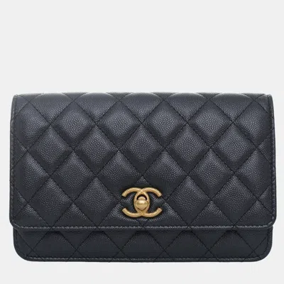 Pre-owned Chanel 23b Pearly Black Caviar Fit For You Wallet On Chain Bag