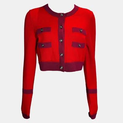 Pre-owned Chanel 23b Red Cropped Contrast Cardigan M In Orange