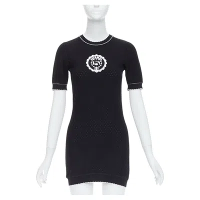 Pre-owned Chanel 23c Black Cotton Cc No.5 Bead Broderie Pointelle Dress Fr34 Xs