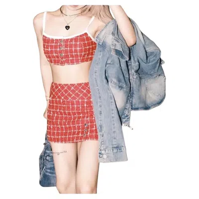 Pre-owned Chanel 23c Monico Tweed Tank Top Size Fr 38 Red White Camisole Checkered
