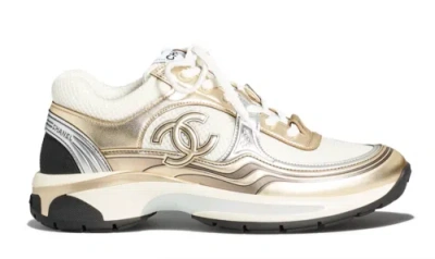 Pre-owned Chanel 23c White Gold Silver Cc Logo Lace Up Flat Runner Trainer Sneaker 40
