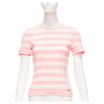 Pre-owned Chanel 23c White Pink Stripe Logo Charm Short Sleeve Ribbed Sweater Fr40 L