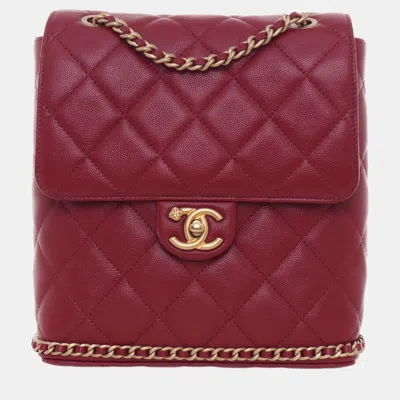 Pre-owned Chanel 23k Caviar Quilted Backpack In Red