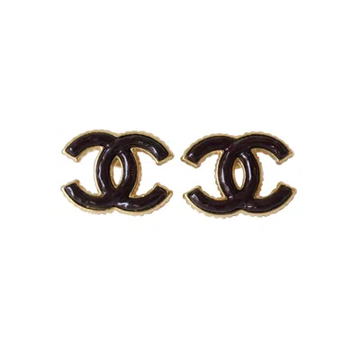 Pre-owned Chanel 23k Metal Enamel Resin Cc Stud Earrings Brown Gold