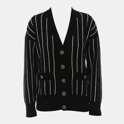 Pre-owned Chanel 23p Striped Button Up Cardigan In Black