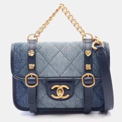 Pre-owned Chanel 24b Charm Accent Mini Blue Denim Top Handle Bag