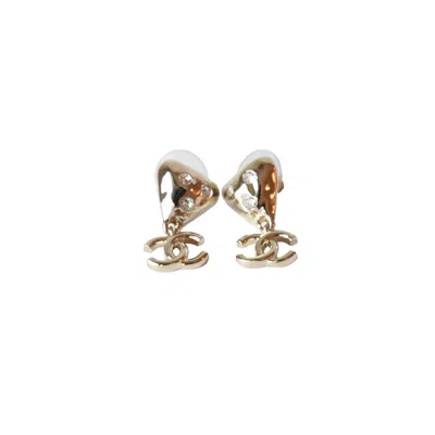 Pre-owned Chanel 24b Crystal Strass Heart With Cc Logo Drop Earring Gold
