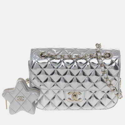 Pre-owned Chanel 24c Mirror Silver Calf Leather Flap Bag & Star Coin Purse