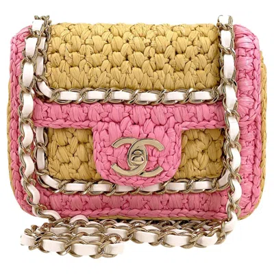 Pre-owned Chanel 24c Venice Beach Raffia Straw Pink Mini Flap Bag Ghw 69326