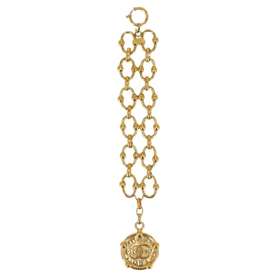 Pre-owned Chanel 24k Gold Plated Fancy Link Bracelet With 'cc' Medallion Charm In Multi