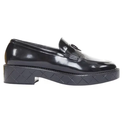 Pre-owned Chanel 24k Heart Cc Black Leather Quilted Platform Penny Loafers Shoes Eu39.5