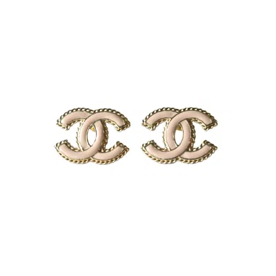Pre-owned Chanel 24p Metal Resin Rope Cc Stud Earrings Gold Light Pink