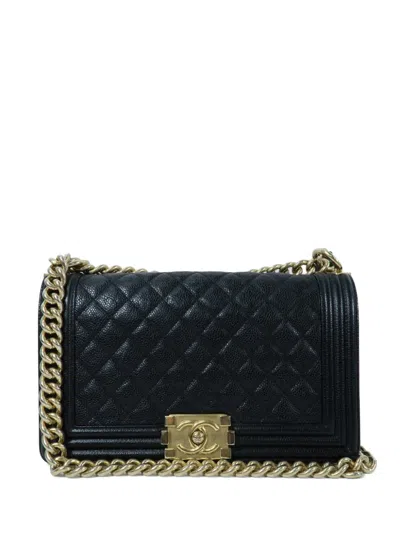 Pre-owned Chanel 25 Boy Caviar Leather Shoulder Bag In Black