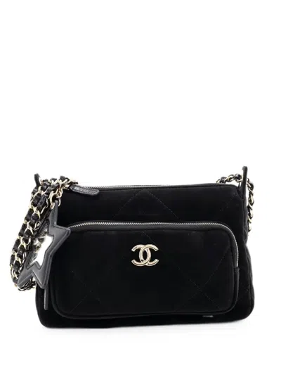 Pre-owned Chanel 25 Clutch With Chain Quilted Velvet Effect Nylon And Shiny Crumpled Calfskin Small Shoulder Bag In Black