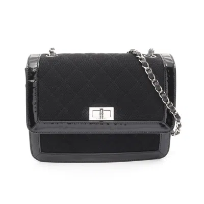 Pre-owned Chanel 2.55 Matelasse Canvas Patent Leather Shoulder Bag In Black