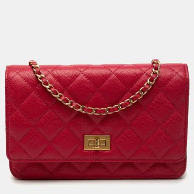 Pre-owned Chanel 2.55 Reissue Red Caviar Skin Leather Wallet On Chain Crossbody Bag