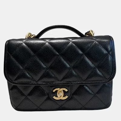 Pre-owned Chanel 25a Black Grained Calfskin Microchip Version Top Handle Backpack Ghw