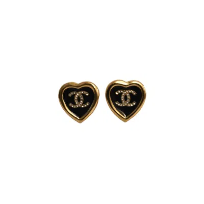 Pre-owned Chanel 25b Cc Crystal Strass Enamel Heart Stud Earrings Light Gold Hardware Black