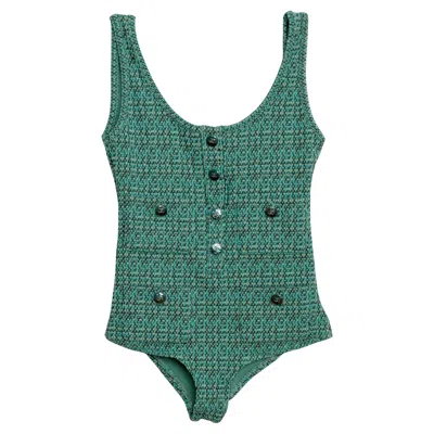 Pre-owned Chanel 25c One Piece Swimsuit With Pocket And Button Detail New W/ Tags In Blue