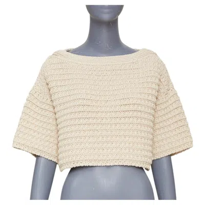 Pre-owned Chanel 25c Runway Garter Stitch Boat Neck Oat Beige Cropped Knit Top Fr36 S In Brown