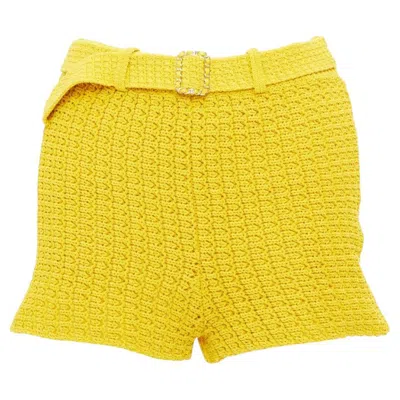 Pre-owned Chanel 25c Runway Yellow Textured Openwork Knit Belted Shorts Fr34 Xs