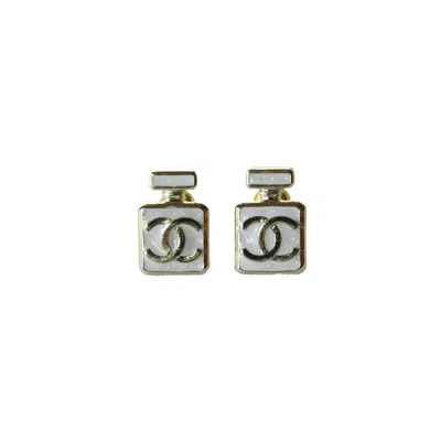 Pre-owned Chanel 25p Cc Enamel Perfume Bottle Stud Earrings White