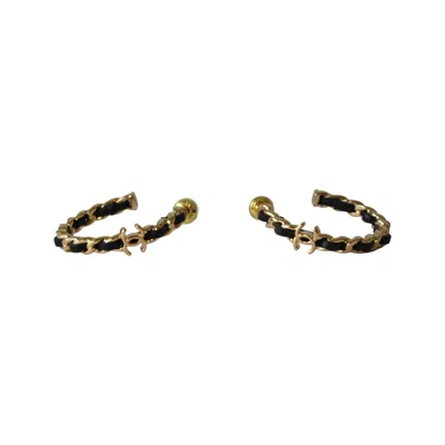 Pre-owned Chanel 26p Woven Leather Metal Chain Hoop Earrings Gold Black