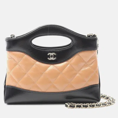 Pre-owned Chanel 31 Nano 2way Chain Shoulder Handbag Leather Black Beige Ghw In Sand