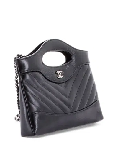 Pre-owned Chanel 31 Shopping Bag Clutch With Chain Chevron Shiny Crumpled Calfskin Small Crossbody Bag In Black