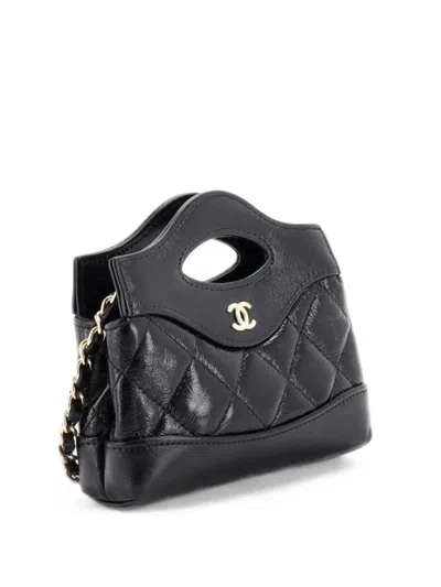 Pre-owned Chanel 31 Shopping Bag Clutch With Chain Quilted Shiny Crumpled Calfskin Nano Crossbody Bag In Black