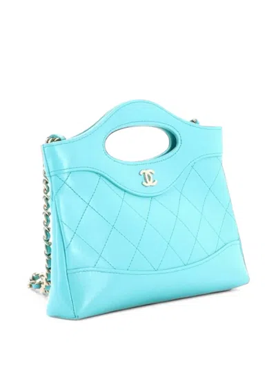 Pre-owned Chanel 31 Shopping Bag Clutch With Chain Quilted Shiny Crumpled Calfskin Small Crossbody Bag In Blue
