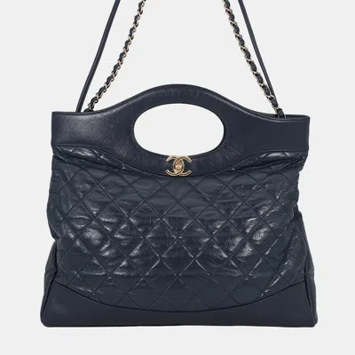 Pre-owned Chanel 31 Shopping Bag Navy Aged Calf Leather Size Large In Blue