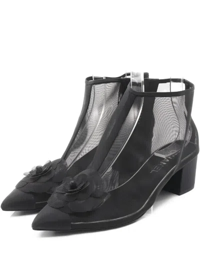 Pre-owned Chanel 50mm Camellia Mesh Boots In Black