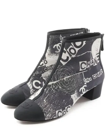 Pre-owned Chanel 50mm Logo-print Block-heel Boots In Blue