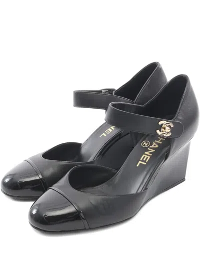 Pre-owned Chanel 70mm Patent-leather Wedge Pumps In Black