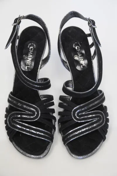 Pre-owned Chanel $725  Black Suede Heels Silver Sandals Strappy Shoes 37.5 39.5 40