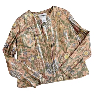Pre-owned Chanel 7k$ Paris / Dubai Cc Logo Silk Taffeta Jacket 42 Fr In Brown