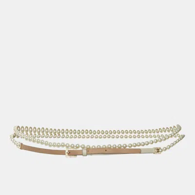 Pre-owned Chanel 80cm Beige Leather And Faux Pearl Ribbon Cc Slider Waist Belt